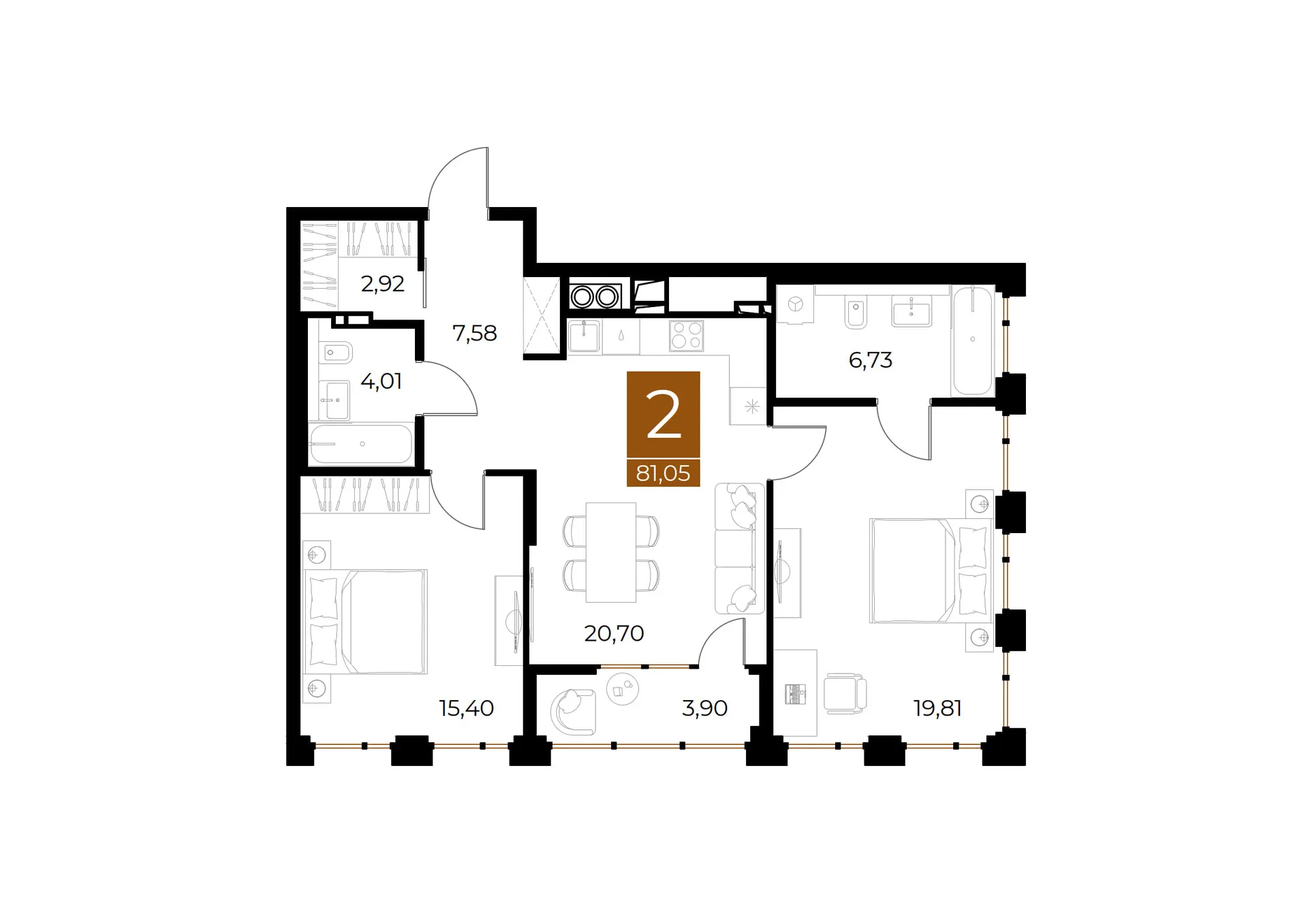 Планировка 2-комнатная, 81.05 м²