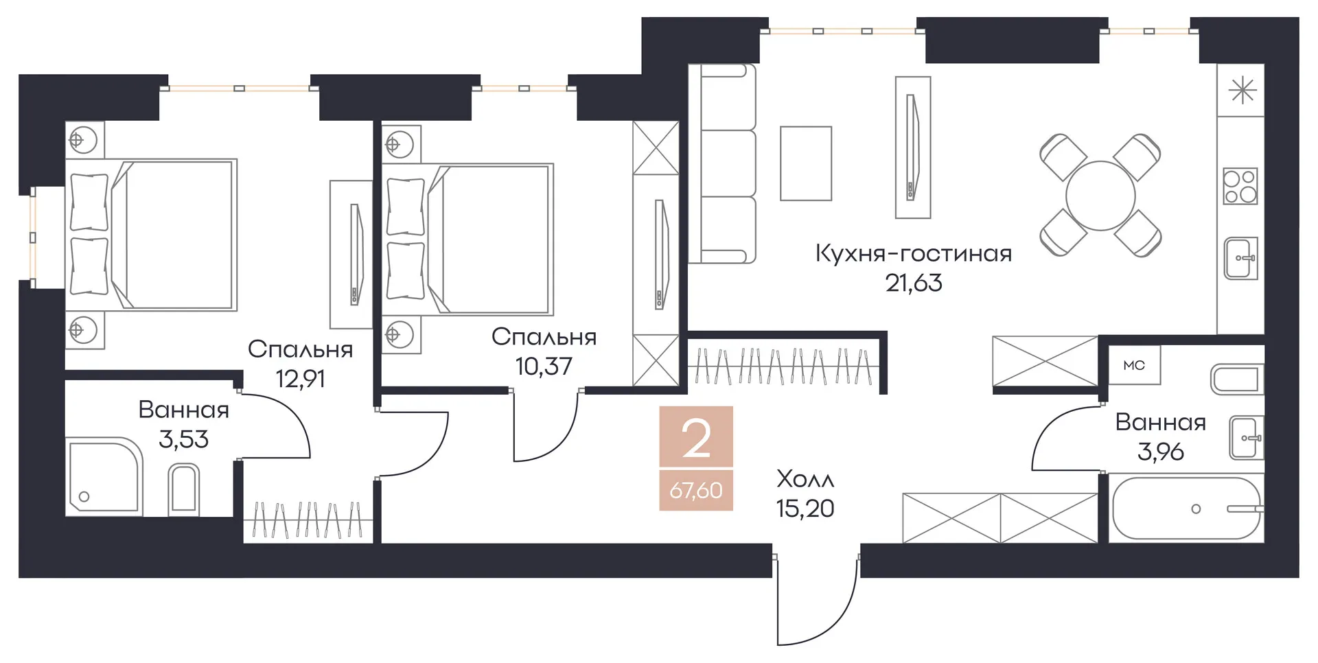 Планировка 2-комнатная, 67.6 м²