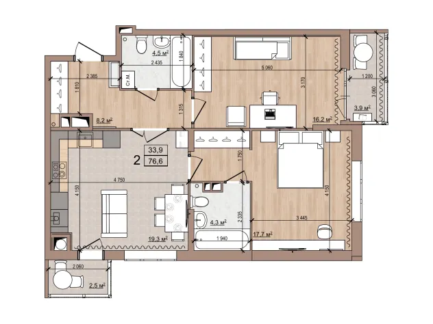 Планировка 2-комнатная, 76.6 м²