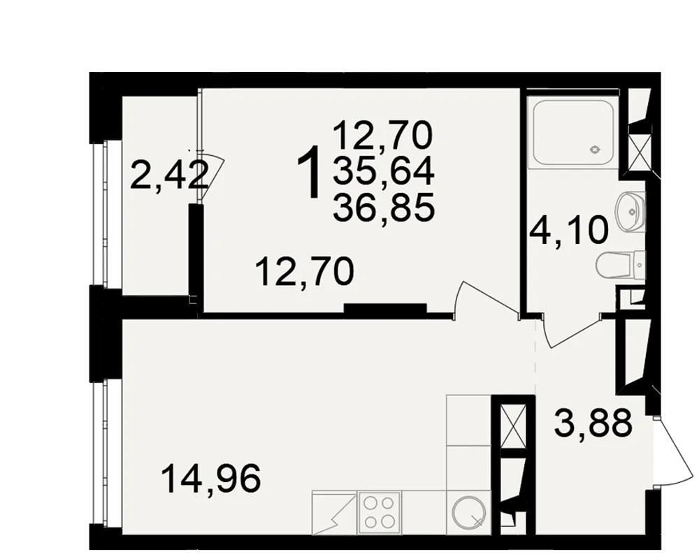 Планировка 1-комнатная, 36.85 м²