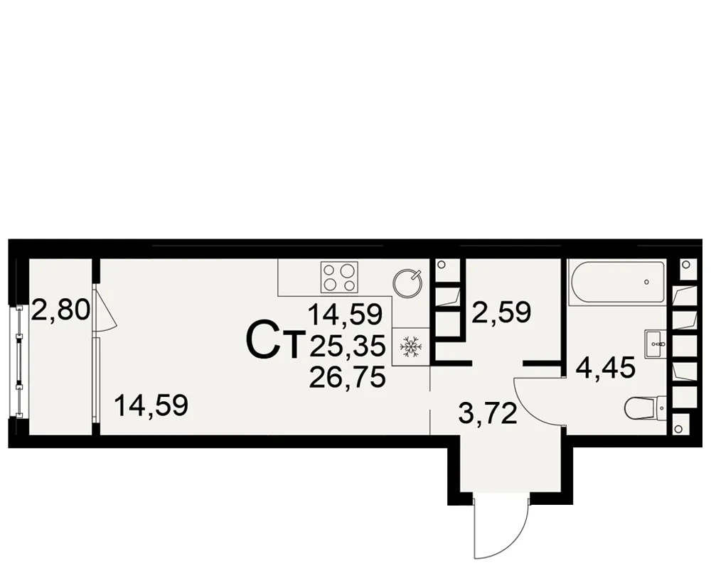 Планировка 1-комнатная, 26.75 м²