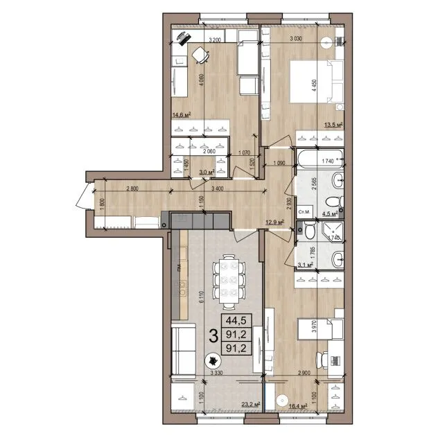 Планировка 3-комнатная, 91.2 м²