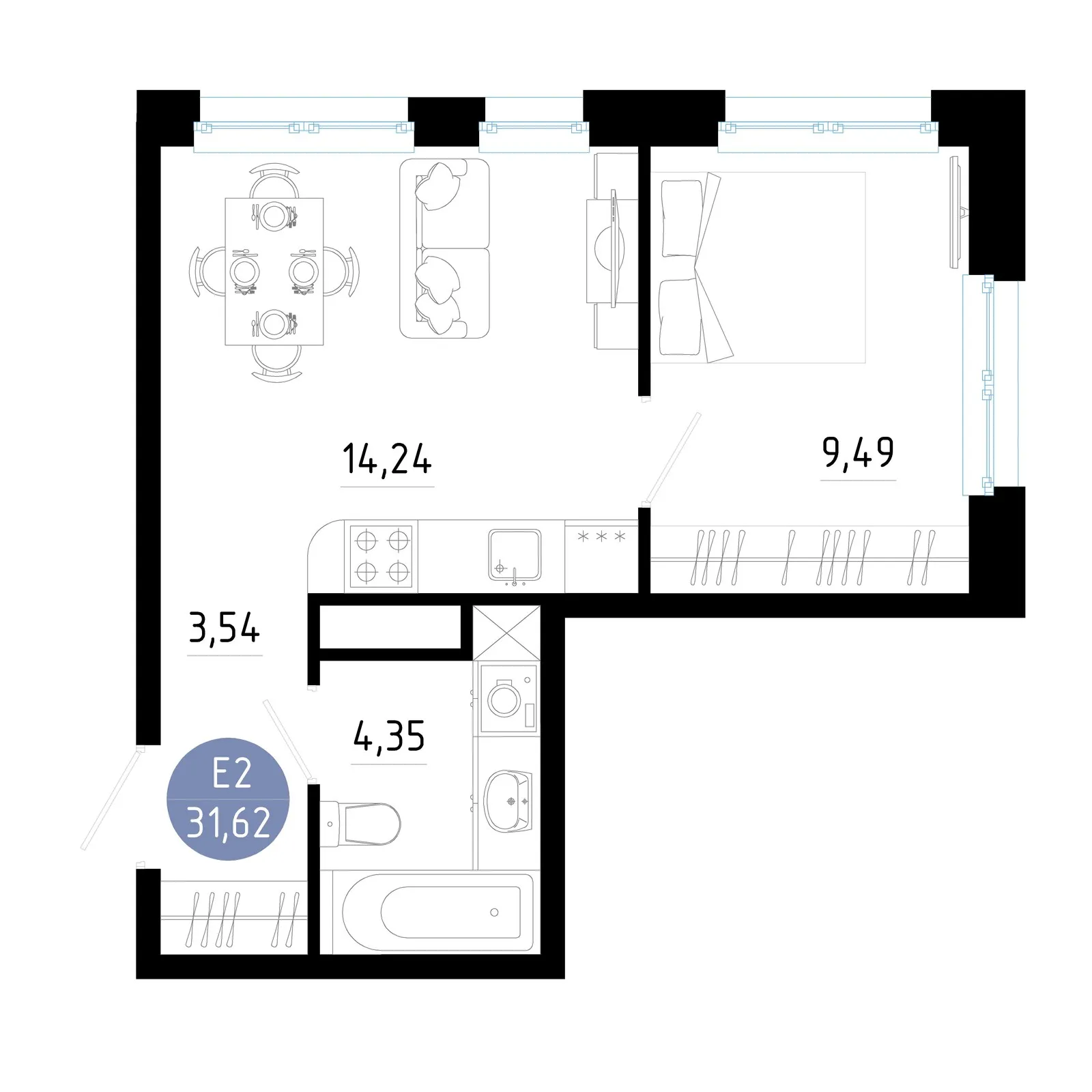 Планировка 1-комнатная, 31.62 м²