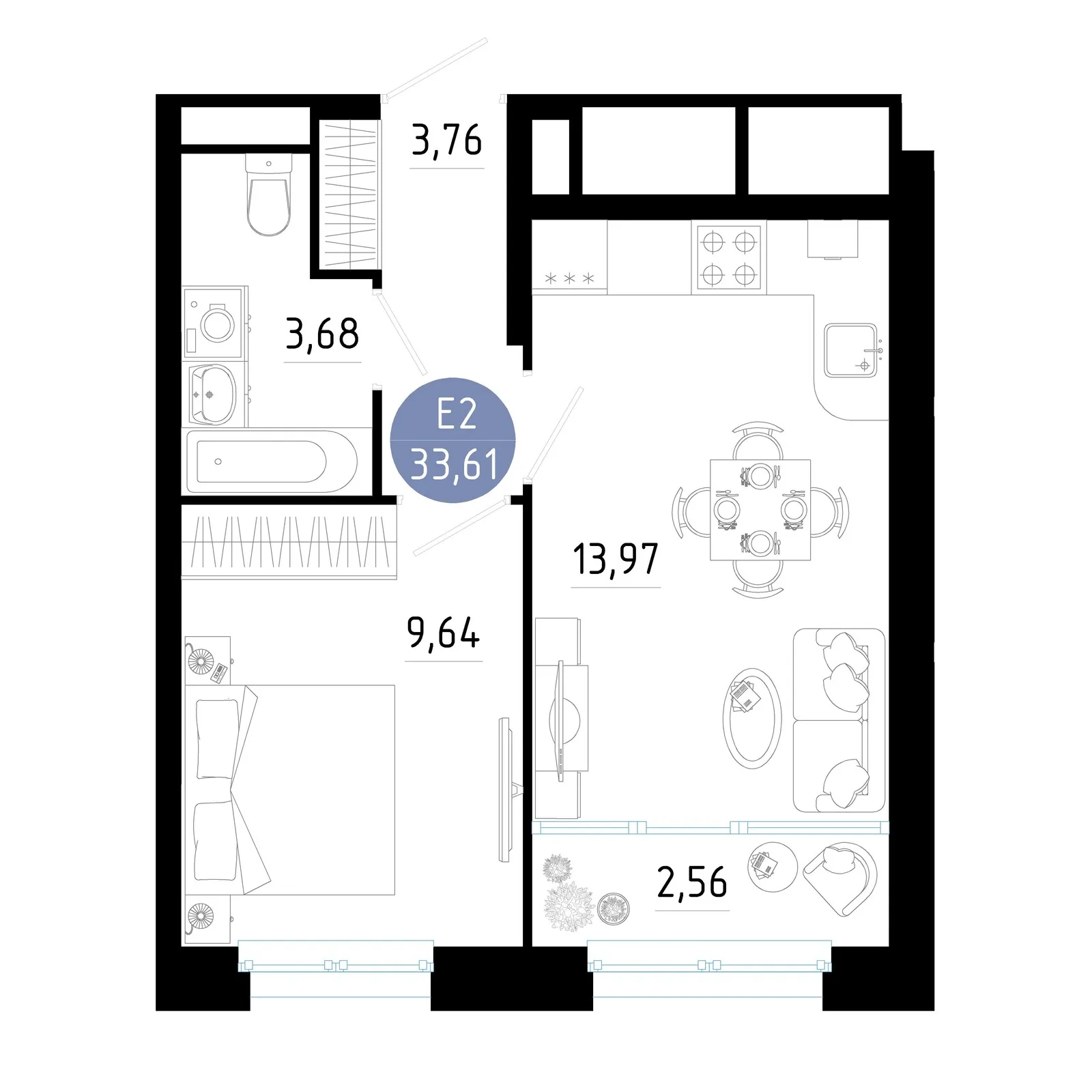 Планировка 1-комнатная, 33.61 м²