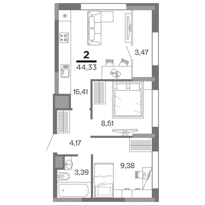 Планировка 2-комнатная, 44.33 м²