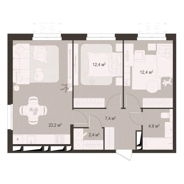 Планировка 2-комнатная, 62.4 м²