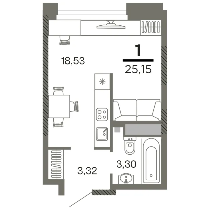 Планировка 1-комнатная, 25.15 м²