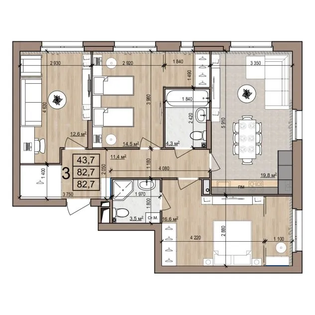 Планировка 3-комнатная, 82.7 м²