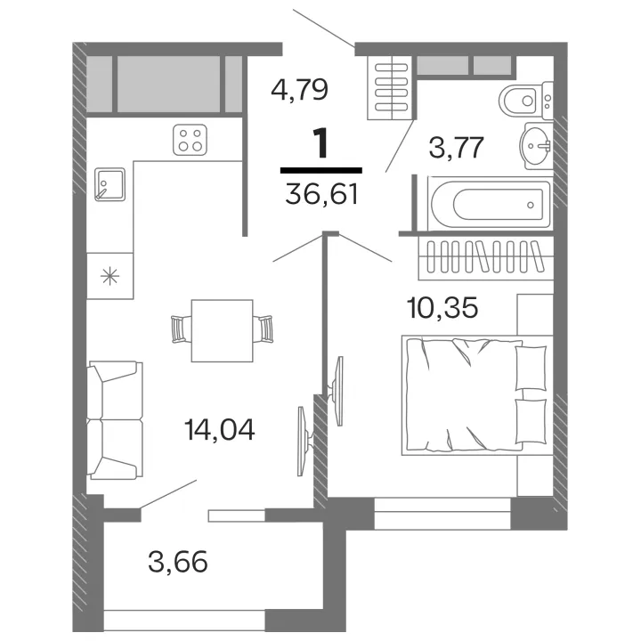 Планировка 1-комнатная, 36.61 м²