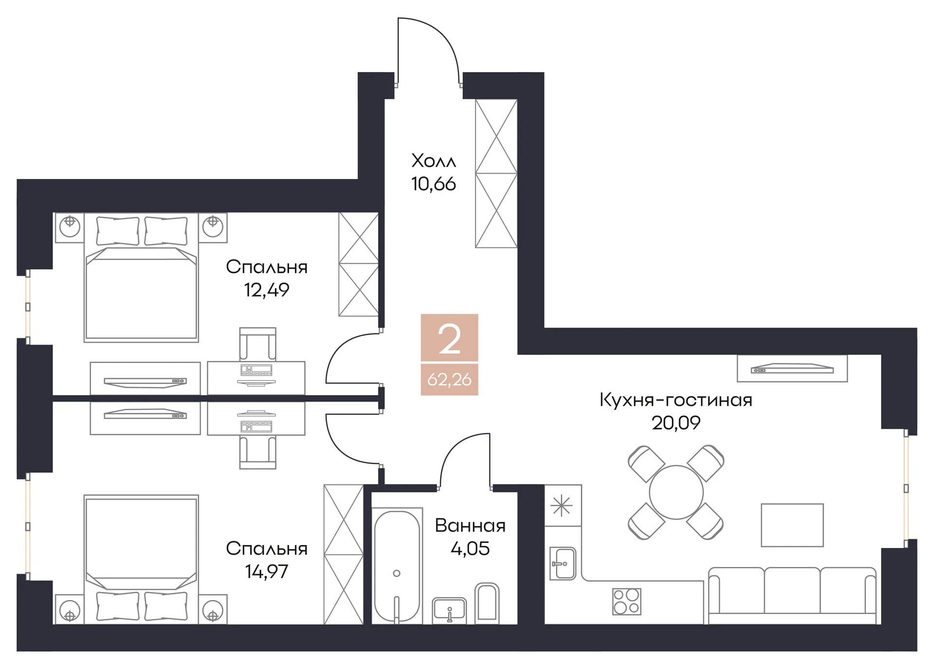 Планировка 2-комнатная, 62.26 м²