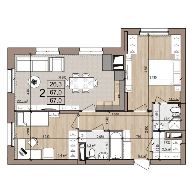 Планировка 2-комнатная, 67 м²