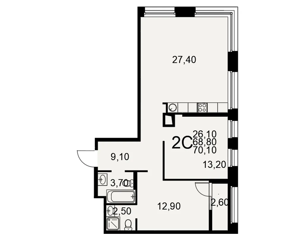 Планировка 2-комнатная, 70.1 м²
