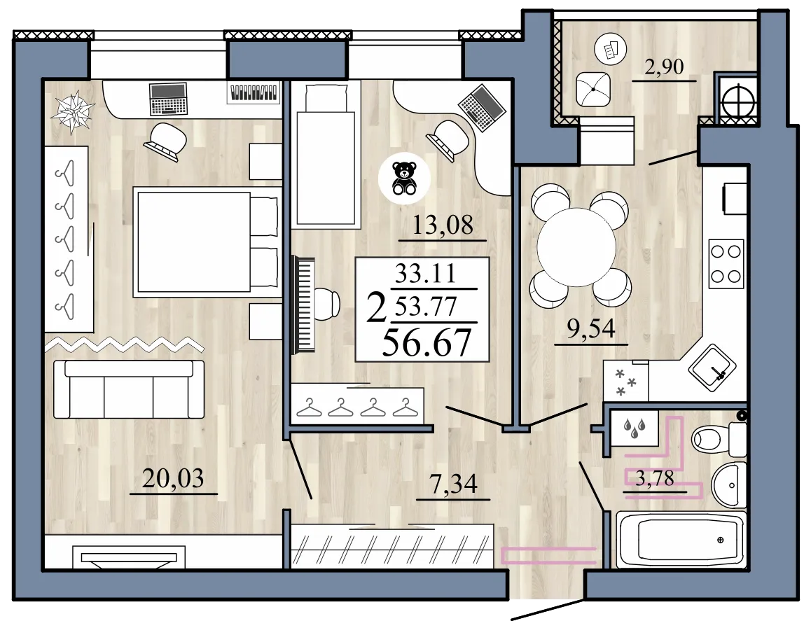 Планировка 2-комнатная, 56.67 м²
