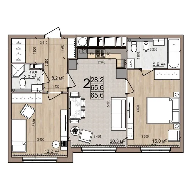 Планировка 2-комнатная, 65.6 м²
