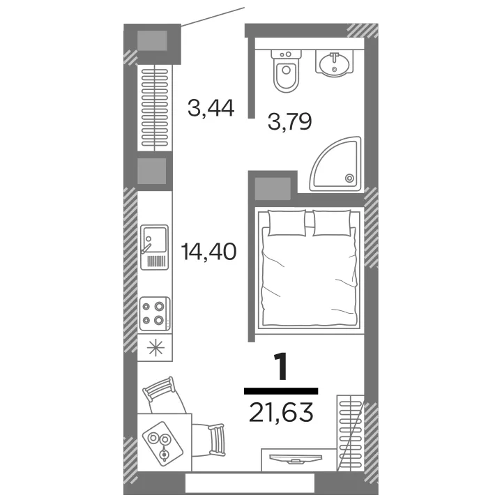 Планировка 1-комнатная, 21.63 м²