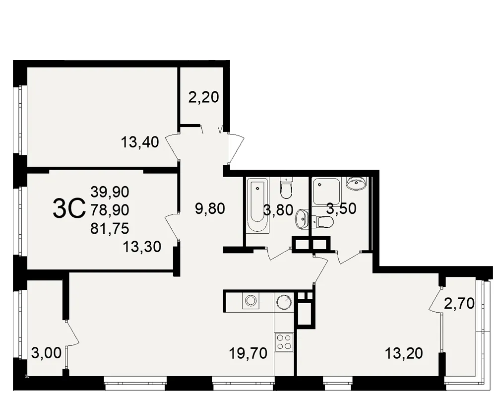 Планировка 3-комнатная, 81.75 м²
