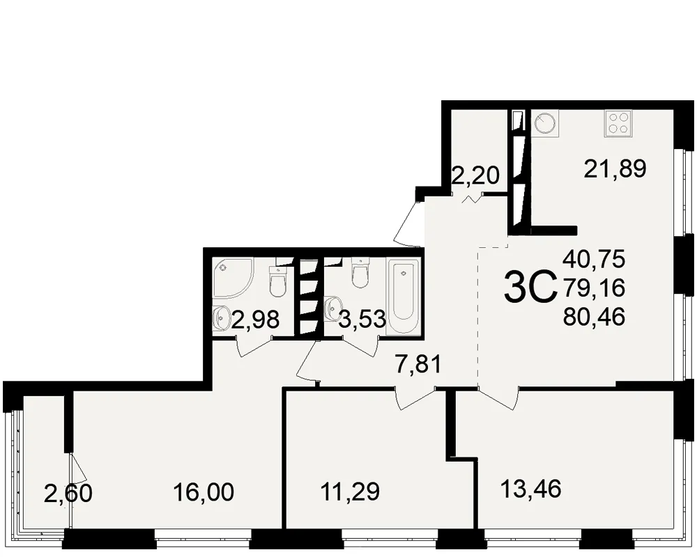 Планировка 3-комнатная, 80.46 м²