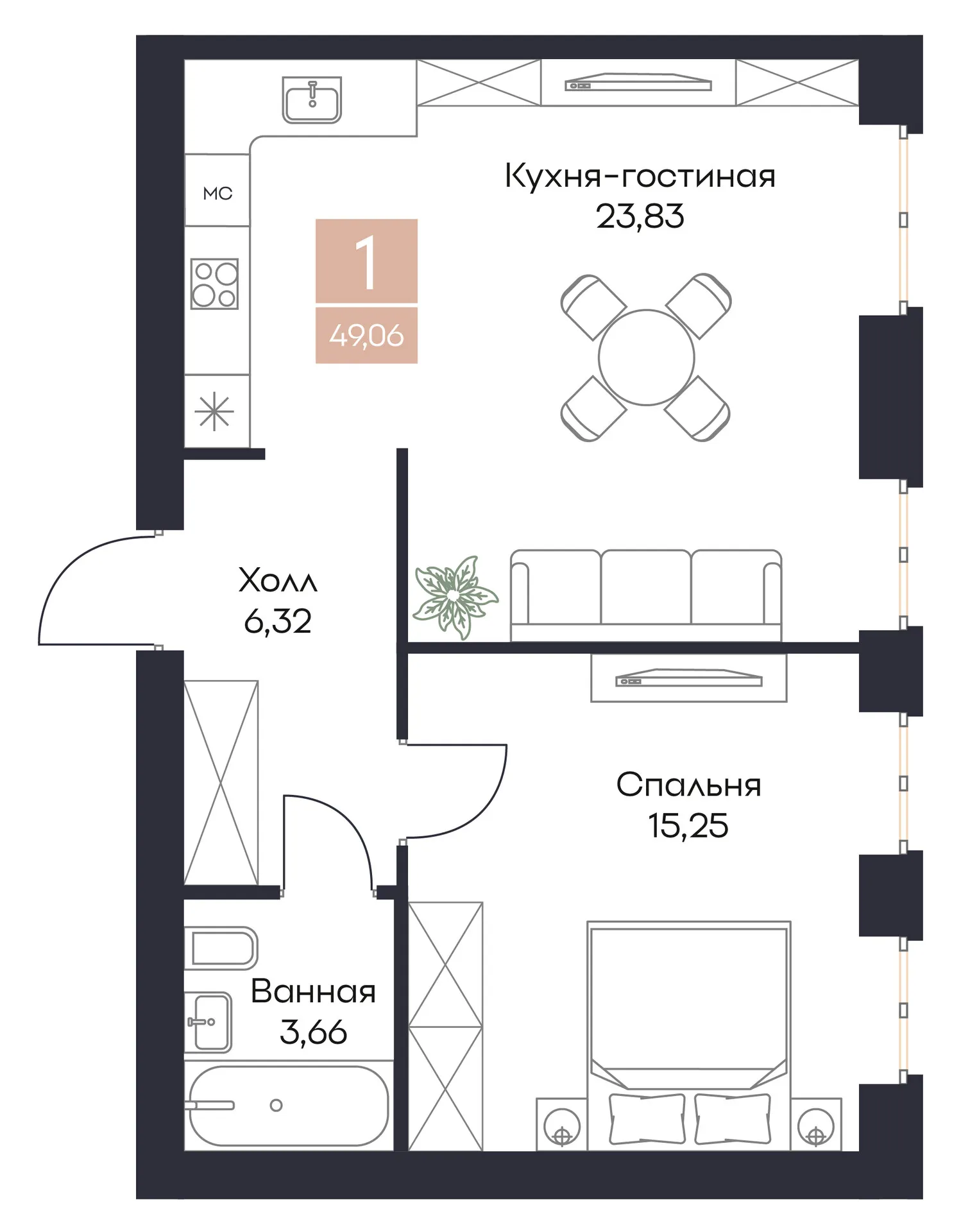 Планировка 1-комнатная, 49.06 м²