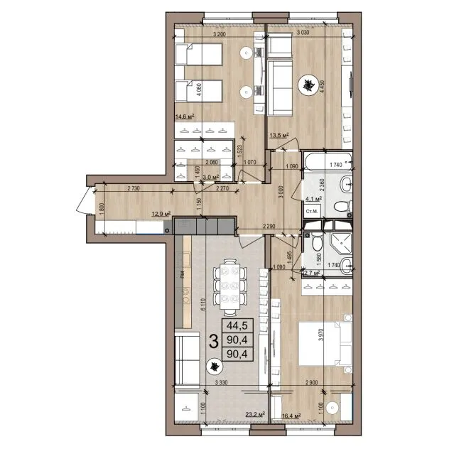 Планировка 3-комнатная, 90.4 м²