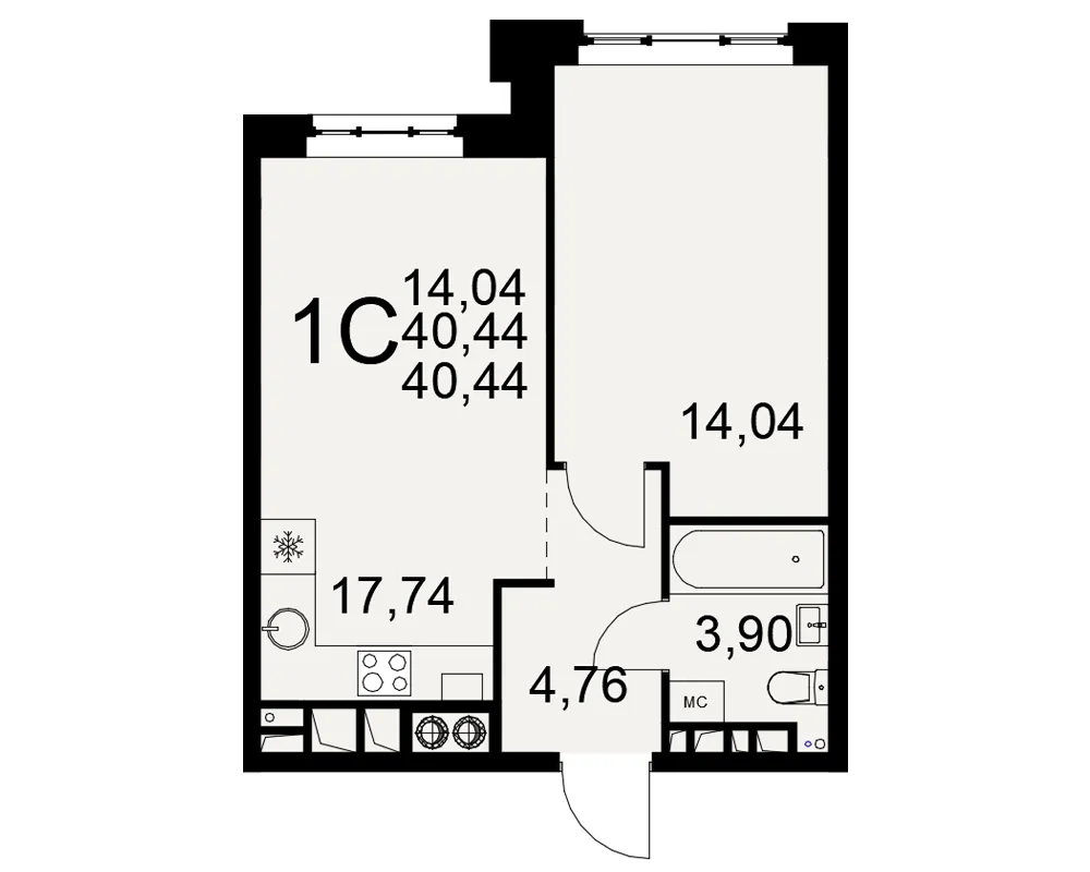 Планировка 1-комнатная, 40.44 м²