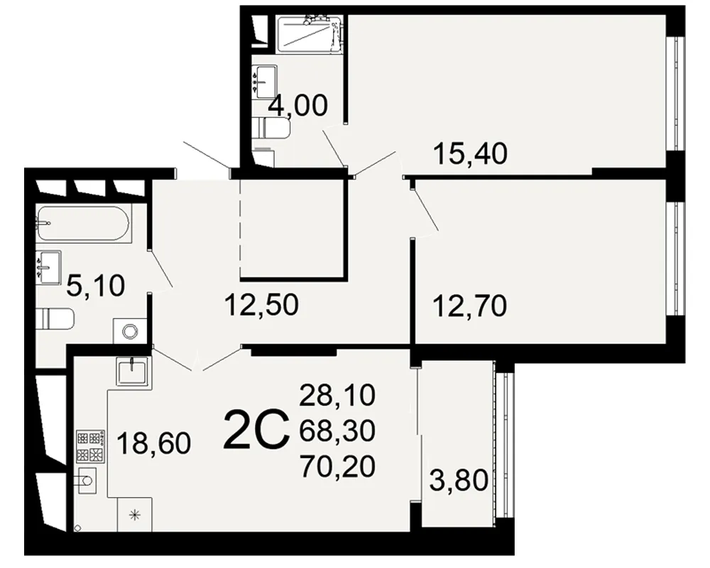 Планировка 2-комнатная, 70.2 м²