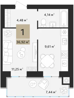 Планировка 1-комнатная, 36.92 м²