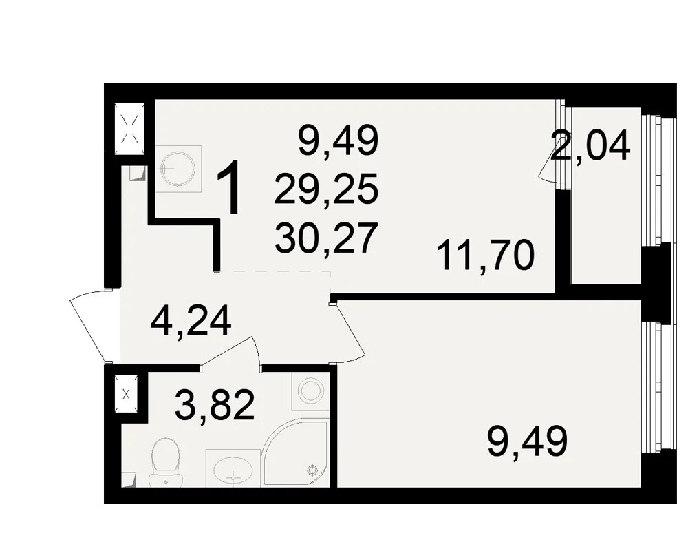 Планировка 1-комнатная, 30.27 м²