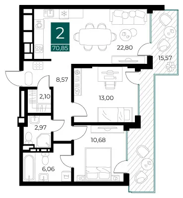 Планировка 2-комнатная, 70.85 м²