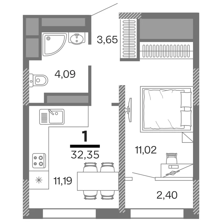 Планировка 1-комнатная, 32.35 м²
