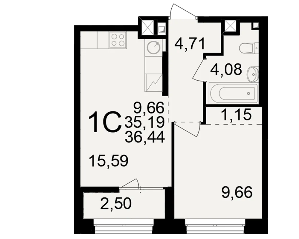 Планировка 1-комнатная, 36.44 м²