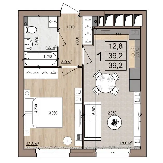 Планировка 1-комнатная, 39.2 м²
