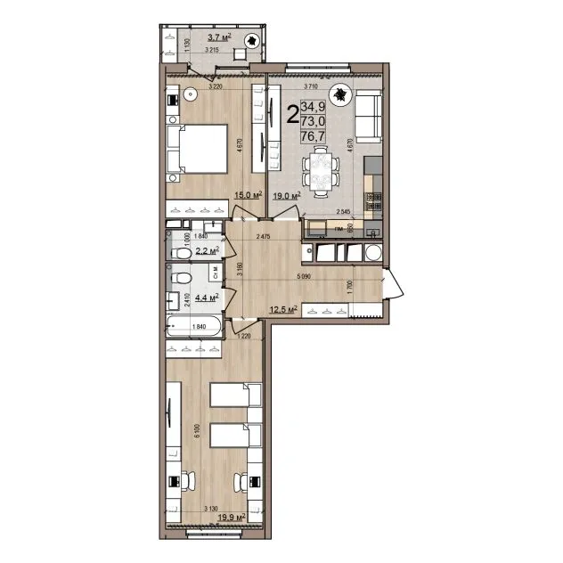 Планировка 2-комнатная, 73 м²