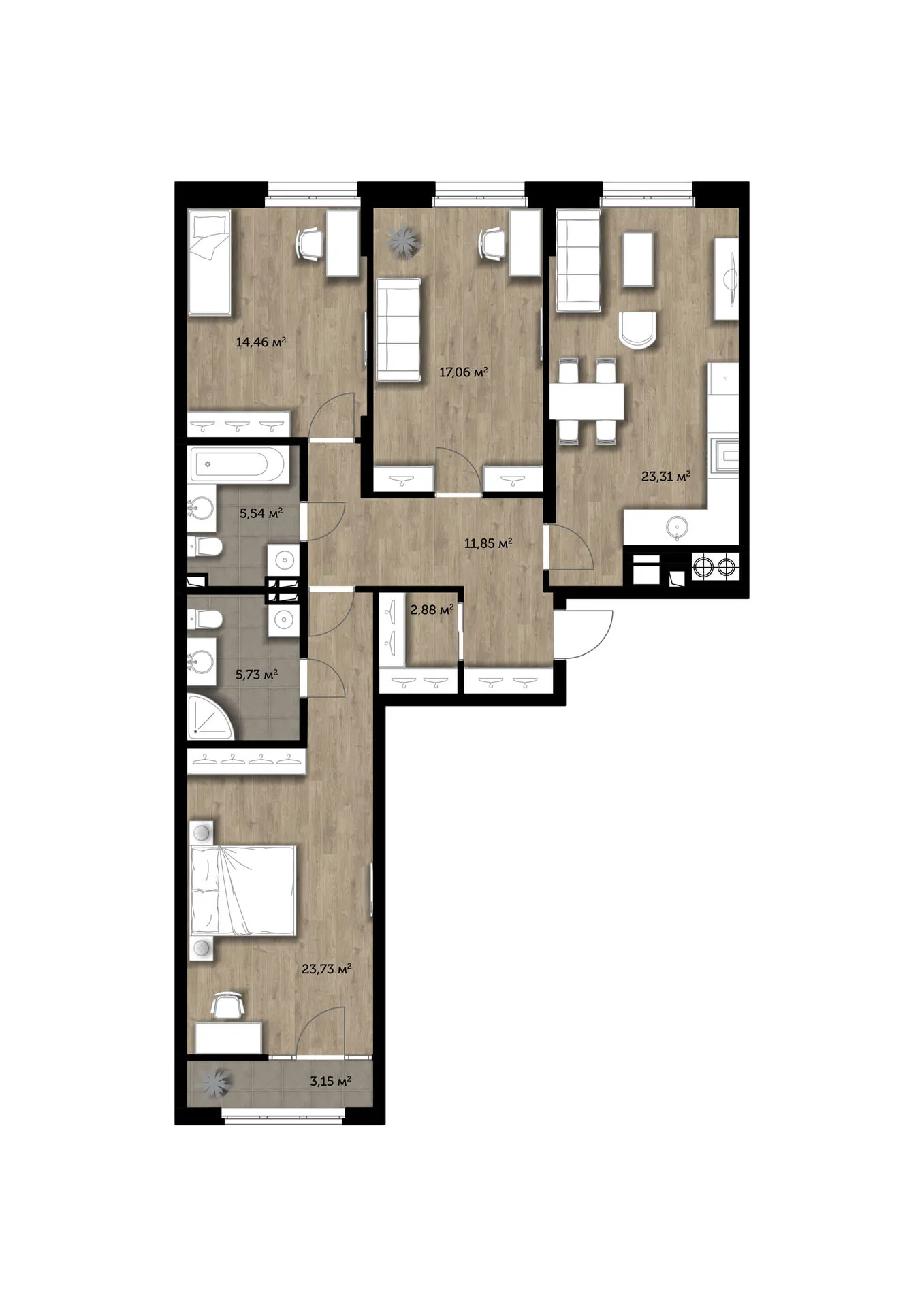 Планировка 3-комнатная, 104.05 м²