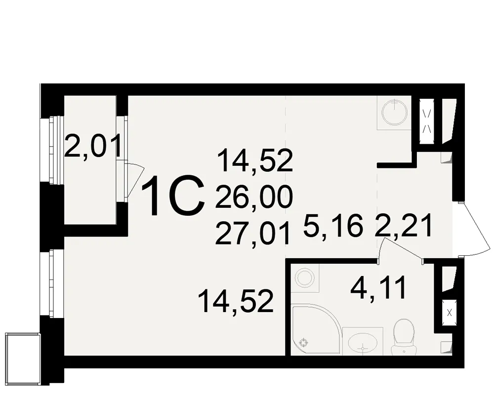 Планировка 1-комнатная, 27.01 м²