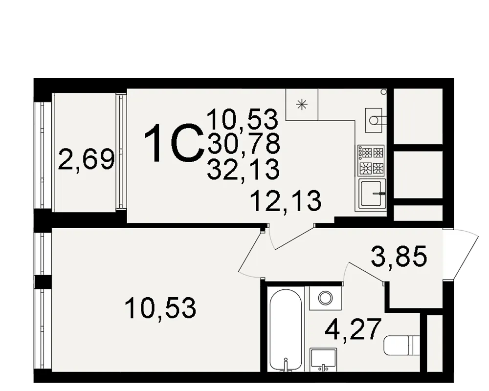 Планировка 1-комнатная, 32.13 м²