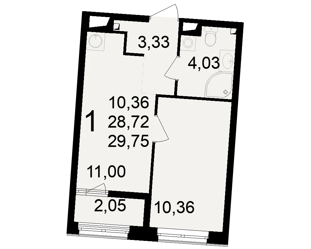 Планировка 1-комнатная, 29.75 м²