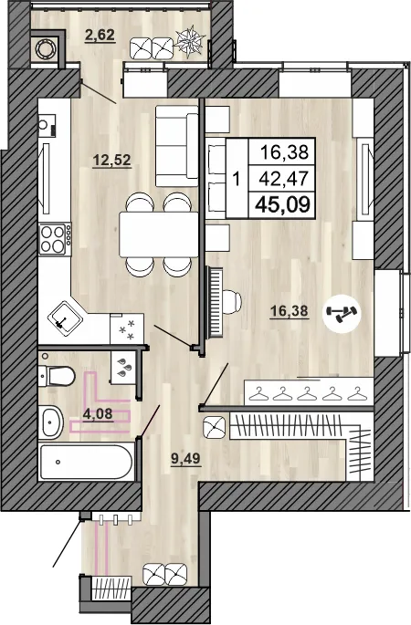 Планировка 1-комнатная, 45.09 м²