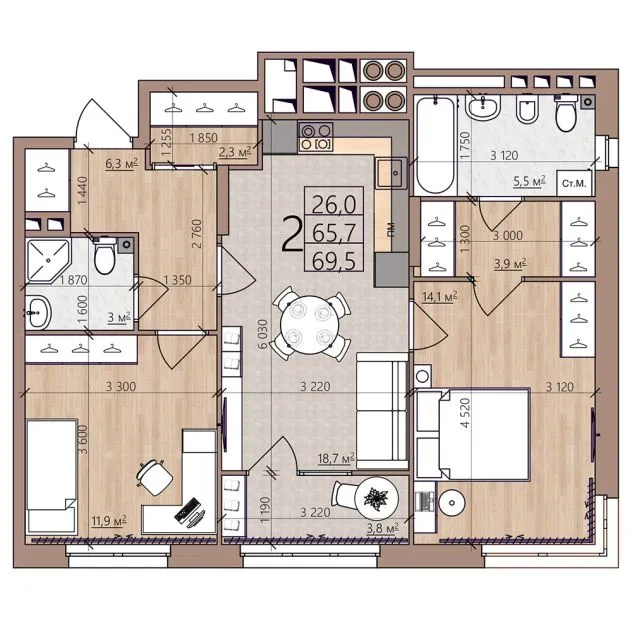 Планировка 2-комнатная