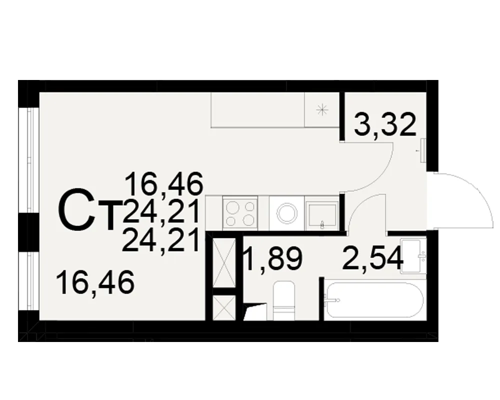 Планировка 1-комнатная, 24.21 м²