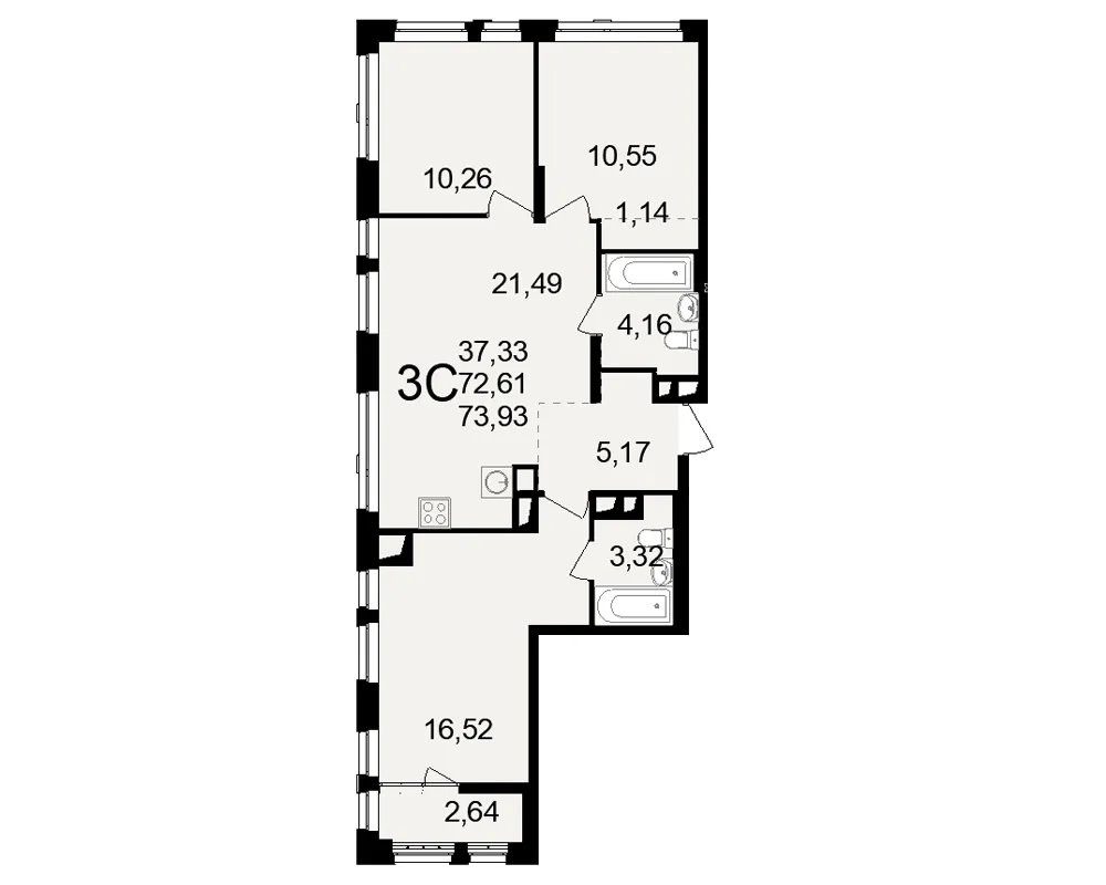 Планировка 3-комнатная, 73.93 м²