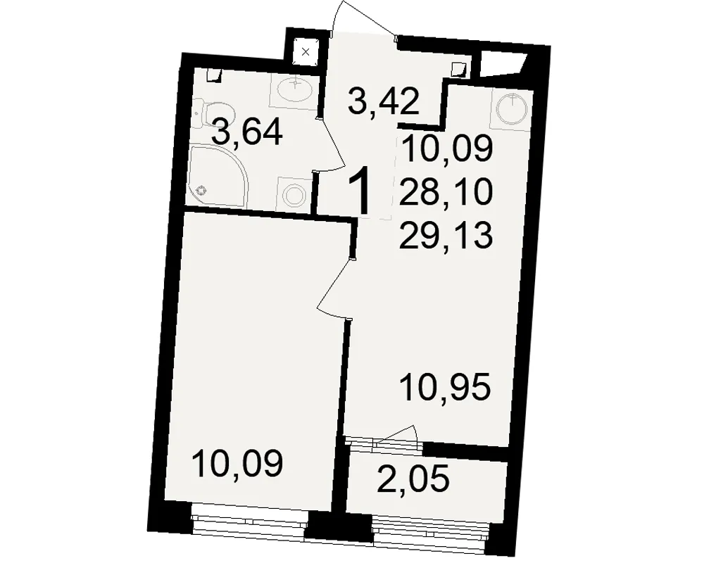 Планировка 1-комнатная, 29.13 м²