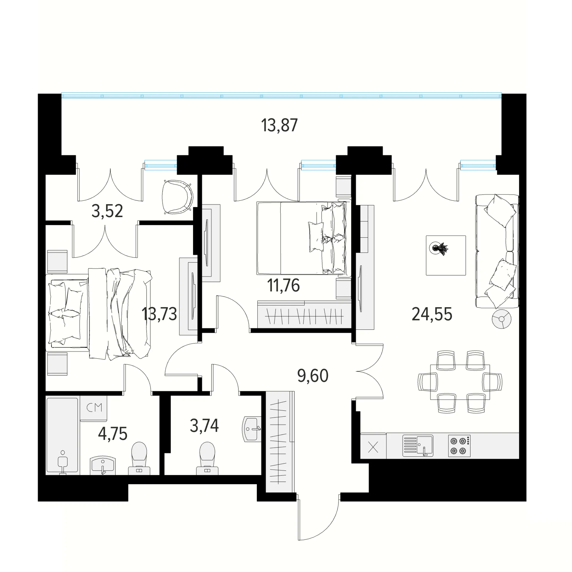 Планировка 2-комнатная, 83.75 м²
