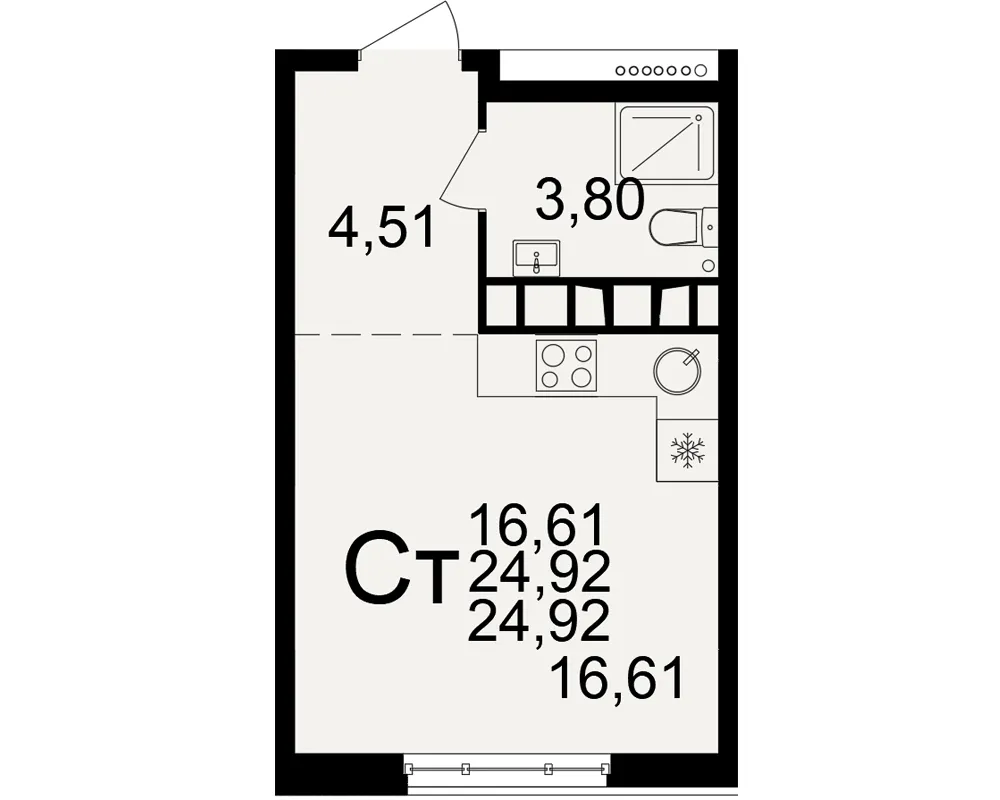 Планировка 1-комнатная, 24.92 м²