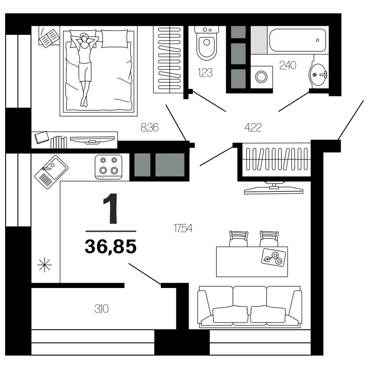 Планировка 1-комнатная, 36.85 м²