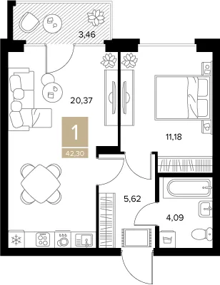 Планировка 1-комнатная, 42.3 м²
