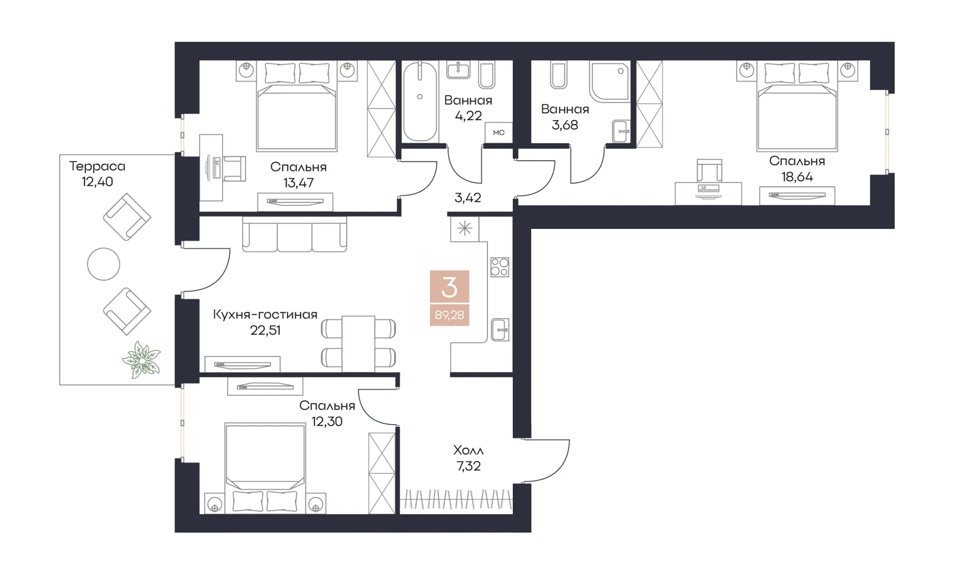 Планировка 3-комнатная, 89.28 м²