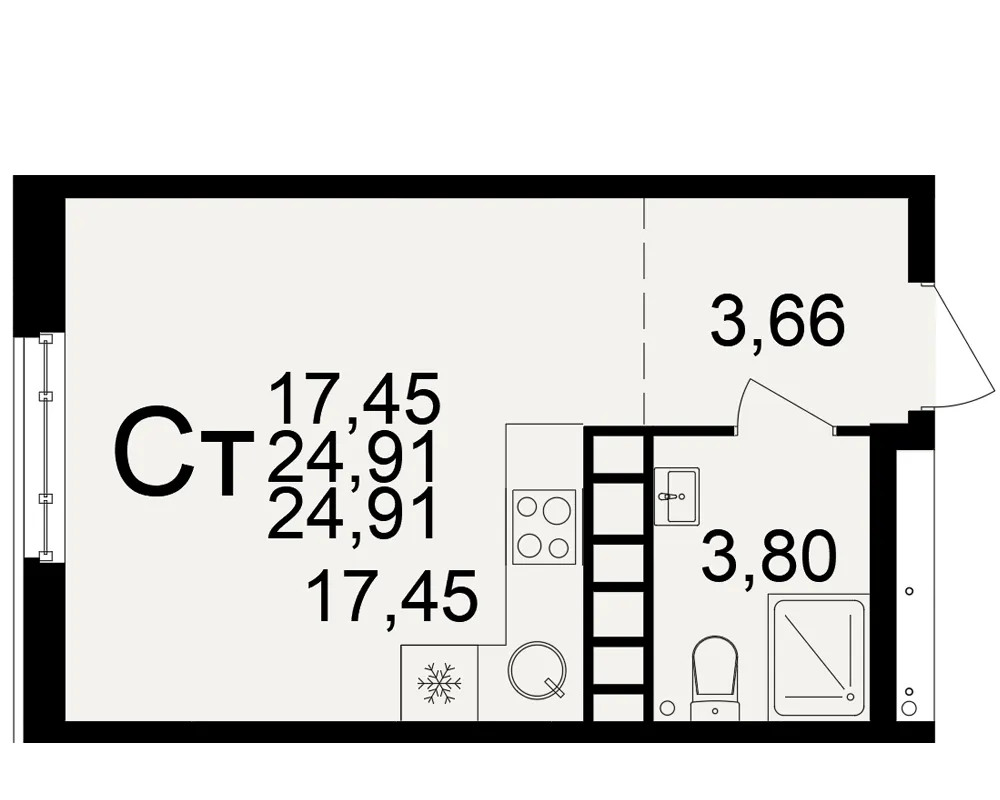 Планировка 1-комнатная, 24.91 м²
