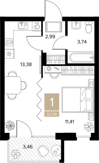 Планировка 1-комнатная, 32.56 м²