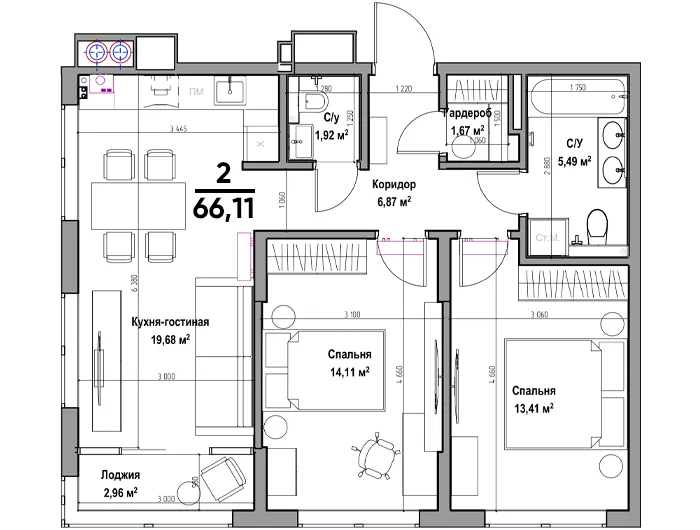 Планировка 2-комнатная, 66.11 м²