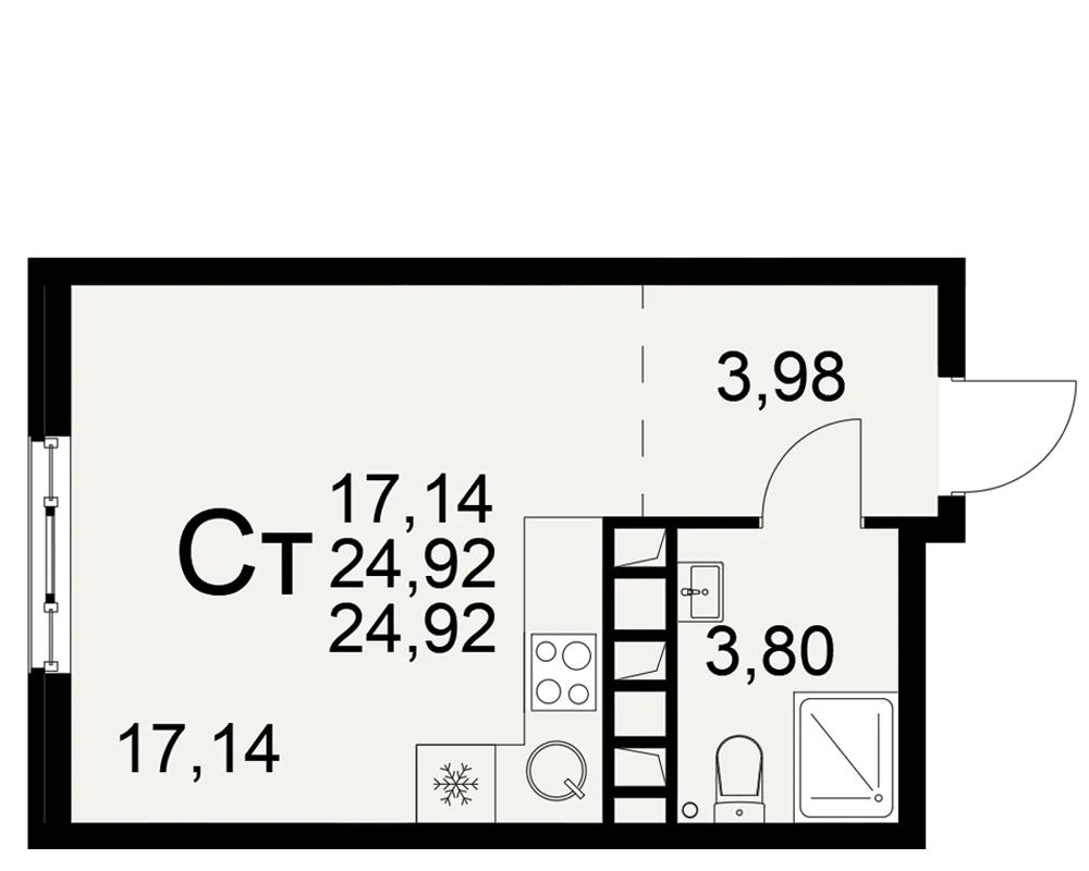 Планировка 1-комнатная, 24.92 м²